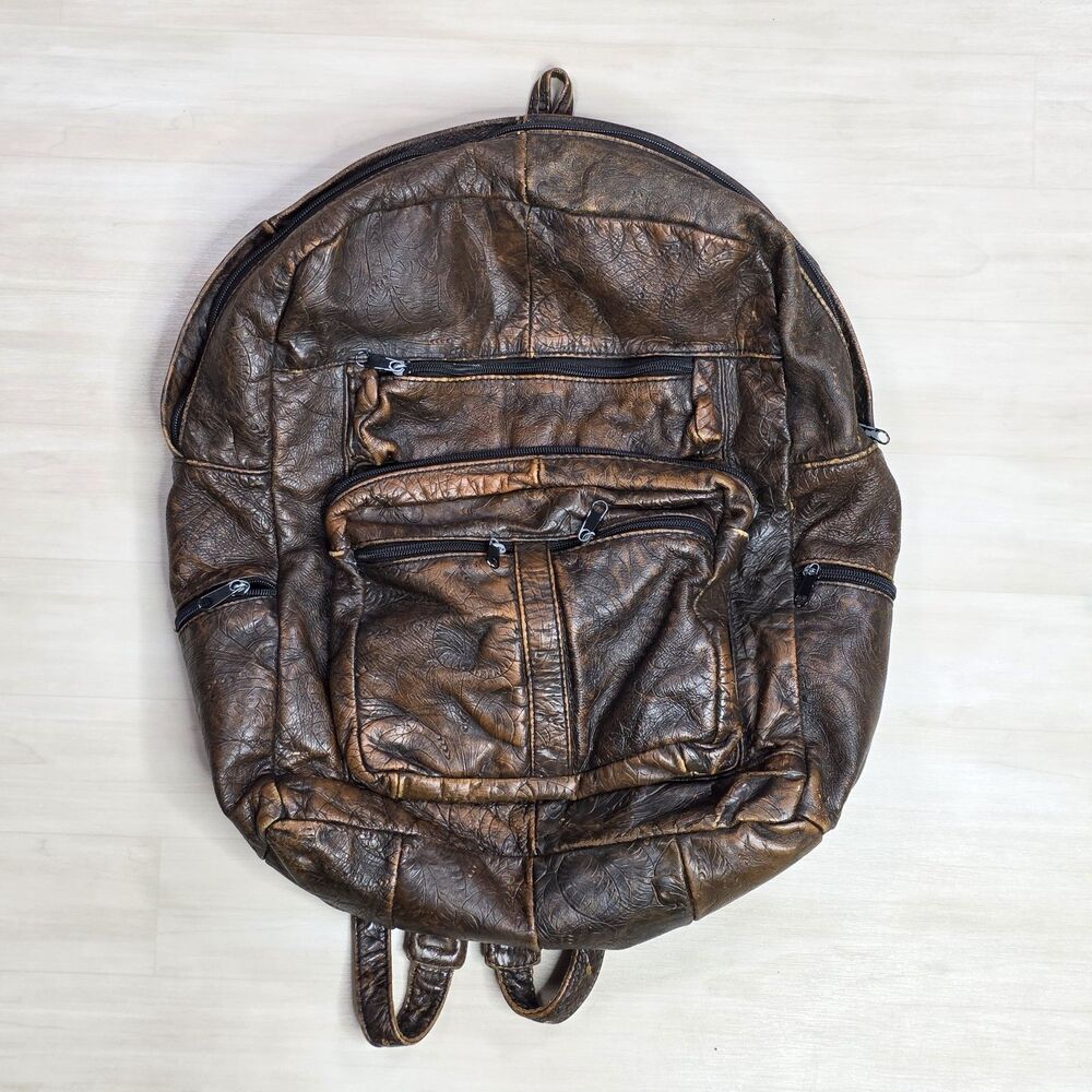 Vintage Tooled Genuine Leather Floral Brown Backpack‎ Made in Mexico